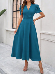 Textured Puff Short Sleeve Ruched Midi A-Line Dress Raised Fabric Cinched Waist and Casual-Chic Design