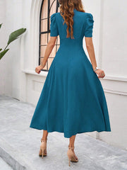 Textured Puff Short Sleeve Ruched Midi A-Line Dress Raised Fabric Cinched Waist and Casual-Chic Design