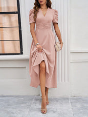 Textured Puff Short Sleeve Ruched Midi A-Line Dress Raised Fabric Cinched Waist and Casual-Chic Design