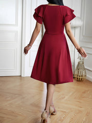 Breathable Cotton Blend Solid Color V Neck Ruffled Sleeve Midi Date Nights & Garden Parties Dress