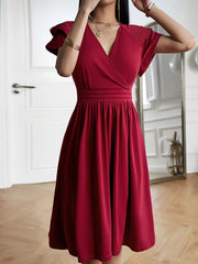 Breathable Cotton Blend Solid Color V Neck Ruffled Sleeve Midi Date Nights & Garden Parties Dress