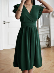 Breathable Cotton Blend Solid Color V Neck Ruffled Sleeve Midi Date Nights & Garden Parties Dress