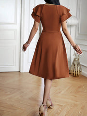 Breathable Cotton Blend Solid Color V Neck Ruffled Sleeve Midi Date Nights & Garden Parties Dress