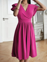 Breathable Cotton Blend Solid Color V Neck Ruffled Sleeve Midi Date Nights & Garden Parties Dress
