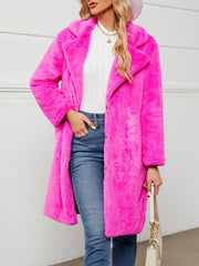 Faux Fur Notched Lapel Long Sleeves Mid-Length Coat