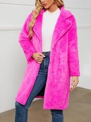 Faux Fur Notched Lapel Long Sleeves Mid-Length Coat