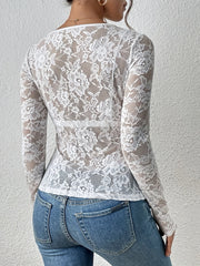Premium Embroidered Lace Sheer Solid Color Long Sleeves Party Blouse with Elegant Back Detail