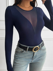 Breathable Nylon Round Neck Mesh Sheer Long Sleeves Blouse