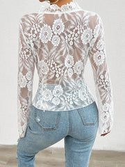Elegant Ruffled Floral Lace Sheer Long Sleeves Lace-Up Bow Transparent Mesh Blouse