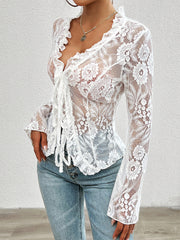 Elegant Ruffled Floral Lace Sheer Long Sleeves Lace-Up Bow Transparent Mesh Blouse