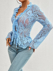 Elegant Ruffled Floral Lace Sheer Long Sleeves Lace-Up Bow Transparent Mesh Blouse