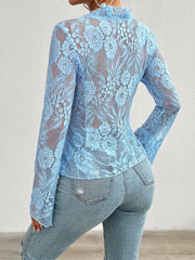 Elegant Ruffled Floral Lace Sheer Long Sleeves Lace-Up Bow Transparent Mesh Blouse