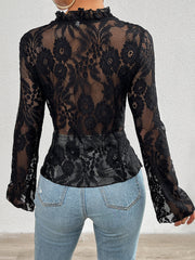 Elegant Ruffled Floral Lace Sheer Long Sleeves Lace-Up Bow Transparent Mesh Blouse