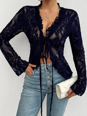 Elegant Ruffled Floral Lace Sheer Long Sleeves Lace-Up Bow Transparent Mesh Blouse