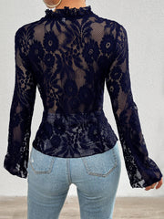 Elegant Ruffled Floral Lace Sheer Long Sleeves Lace-Up Bow Transparent Mesh Blouse