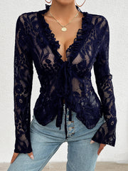 Elegant Ruffled Floral Lace Sheer Long Sleeves Lace-Up Bow Transparent Mesh Blouse