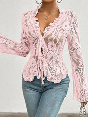 Elegant Ruffled Floral Lace Sheer Long Sleeves Lace-Up Bow Transparent Mesh Blouse