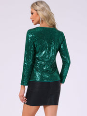 Sequin Glitter Round Neck Long Sleeve Party Blouse Tops