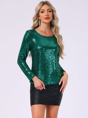 Sequin Glitter Round Neck Long Sleeve Party Blouse Tops