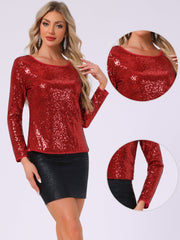 Sequin Glitter Round Neck Long Sleeve Party Blouse Tops