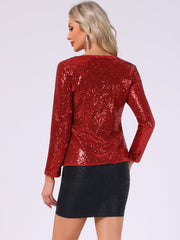Sequin Glitter Round Neck Long Sleeve Party Blouse Tops