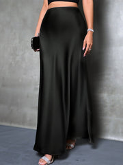 High-Waisted Flared Hem Satin Solid Color Fishtail Elegant Maxi Skirt for Women