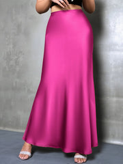 High-Waisted Flared Hem Satin Solid Color Fishtail Elegant Maxi Skirt for Women