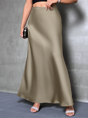 High-Waisted Flared Hem Satin Solid Color Fishtail Elegant Maxi Skirt for Women