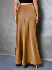 High-Waisted Flared Hem Satin Solid Color Fishtail Elegant Maxi Skirt for Women