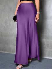 High-Waisted Flared Hem Satin Solid Color Fishtail Elegant Maxi Skirt for Women