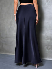 High-Waisted Flared Hem Satin Solid Color Fishtail Elegant Maxi Skirt for Women