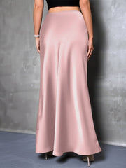 High-Waisted Flared Hem Satin Solid Color Fishtail Elegant Maxi Skirt for Women