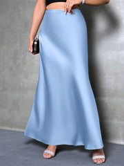 High-Waisted Flared Hem Satin Solid Color Fishtail Elegant Maxi Skirt for Women