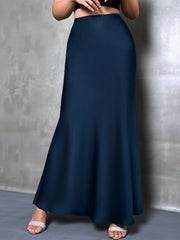 High-Waisted Flared Hem Satin Solid Color Fishtail Elegant Maxi Skirt for Women