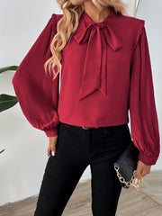 Pleated Long Sleeves Bow Tie Solid Color Blouse