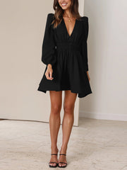 V Neck Puff Long Sleeves Ruched Mini Dress