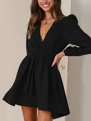 V Neck Puff Long Sleeves Ruched Mini Dress