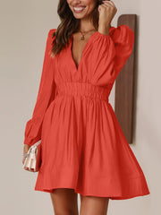 V Neck Puff Long Sleeves Ruched Mini Dress