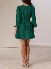 V Neck Puff Long Sleeves Ruched Mini Dress