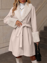 Faux Fur Patchwork Belted A-Line Pea Coat