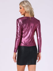 Long Sleeve Sparkly Party Glitter Shiny Metallic Blouse