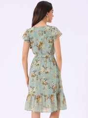 Floral Chiffon Flutter Sleeve Belted Square Neck Ruffled Hem Dress