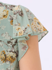 Floral Chiffon Flutter Sleeve Belted Square Neck Ruffled Hem Dress