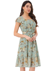 Floral Chiffon Flutter Sleeve Belted Square Neck Ruffled Hem Dress