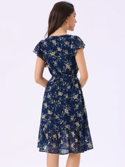 Floral Chiffon Flutter Sleeve Belted Square Neck Ruffled Hem Dress