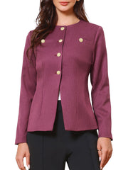 Collarless Button Down Long Sleeve Peplum Jackets