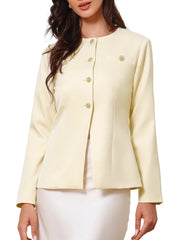 Collarless Button Down Long Sleeve Peplum Jackets
