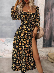 Long Sleeves Lace-Up Floral Slit Midi Dress
