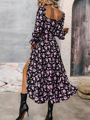 Long Sleeves Lace-Up Floral Slit Midi Dress