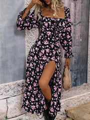 Long Sleeves Lace-Up Floral Slit Midi Dress